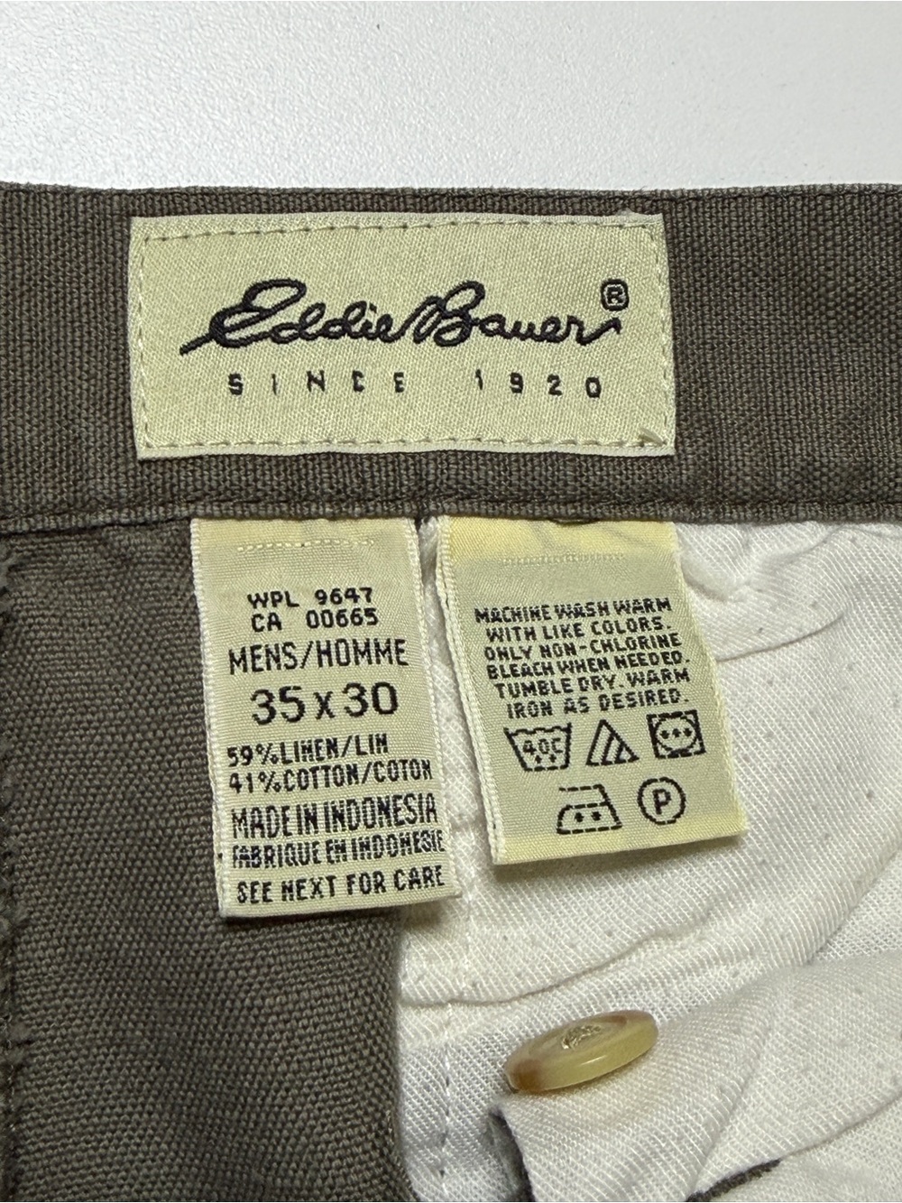 Vintage Eddie Bauer Linen Pleated Chinos Trousers Pants Mens W33 Light Olive 90s - Picture 4 of 7